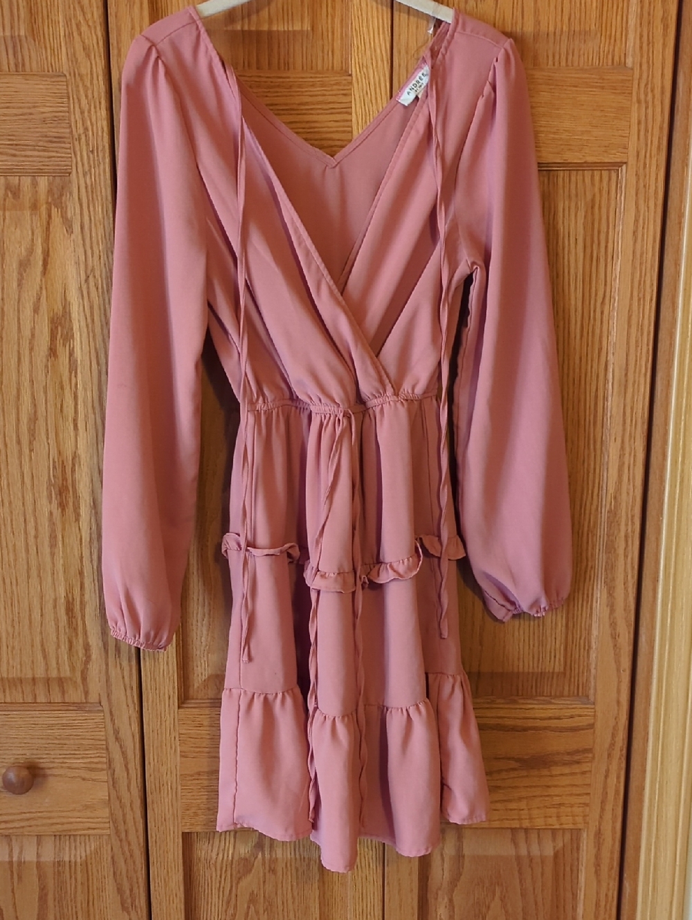 Mauve Pink Long Sleeve Tiered Wrap Dress